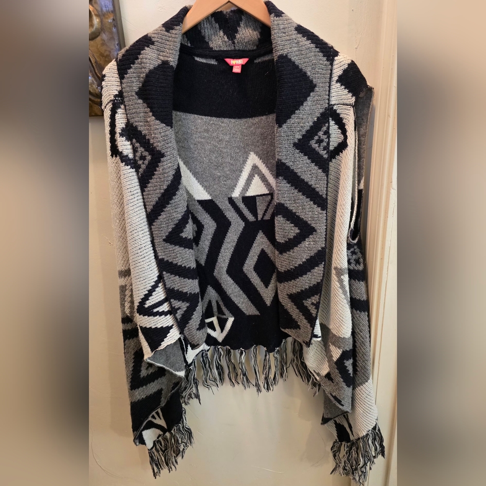 I❤️H81 Geometric Patterned  Short Sleeve Open Cardigan Black White Gray Medium